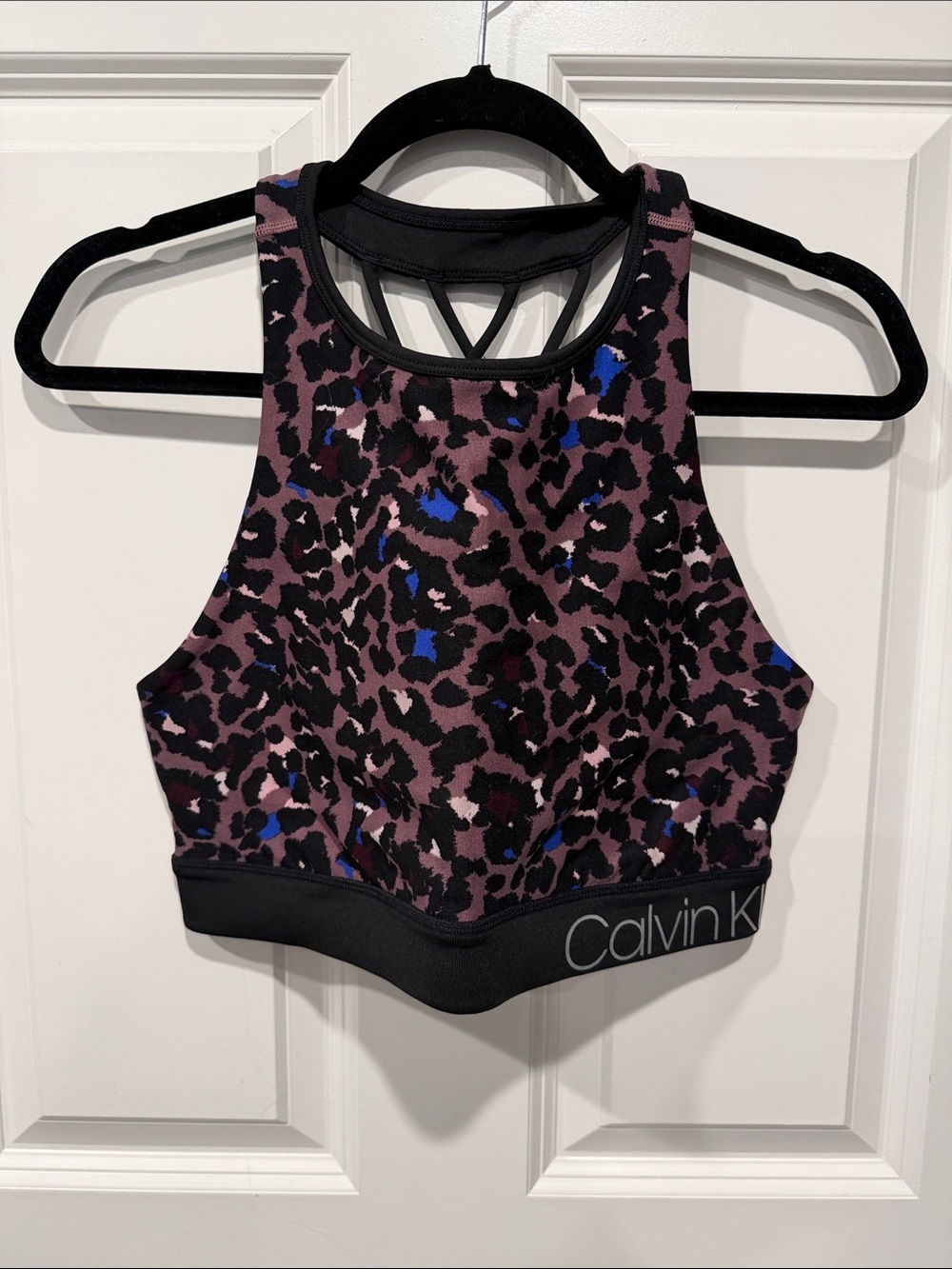 Calvin Klein Performance High-Neck Leopard Print Sports Bra in Purple and Blue